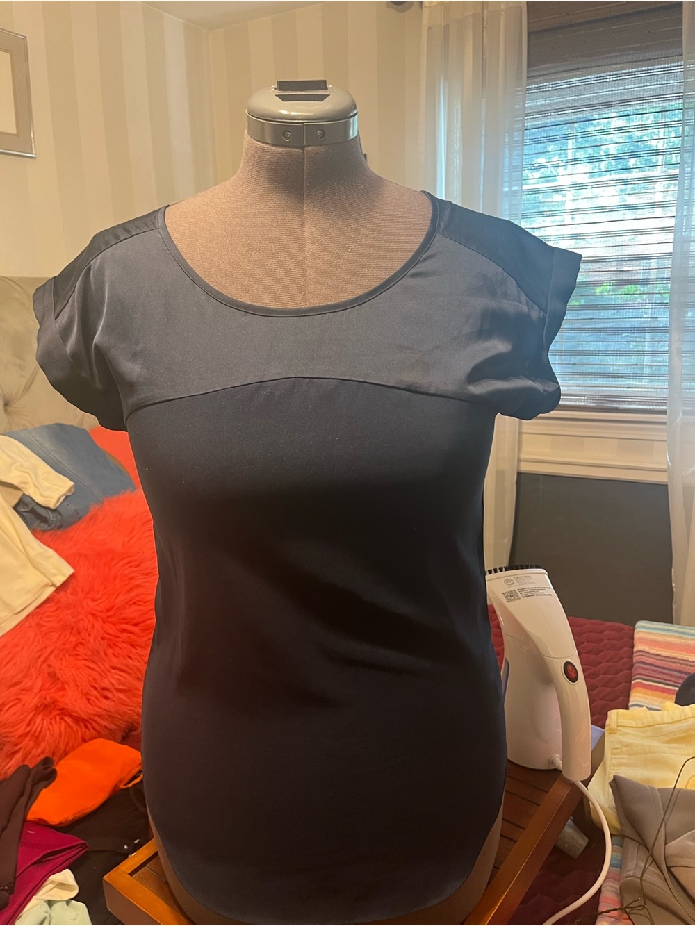 Express Deep Navy Satin Top with Clean Neckline
